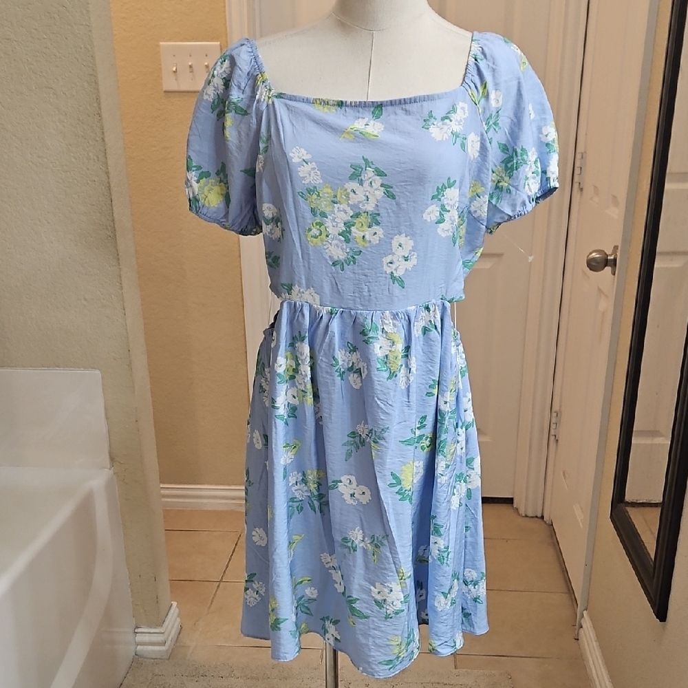 Sadie & Sage Light Blue Floral Puff Sleeve Waist Cut Out Mini Dress Size XL NWT